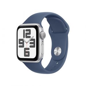 Apple Watch SE (2. Generation) GPS 40 mm Smartwatch mit Aluminiumgehäuse in Silber und Sportarmband in Denim (S/M). Fitness und Schlaftracker