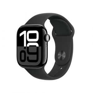 Apple Watch Series 10 (GPS 42 mm) Smartwatch mit Aluminiumgehäuse in Diamantschwarz und Sportarmband in Schwarz (S/M). Fitnesstracker