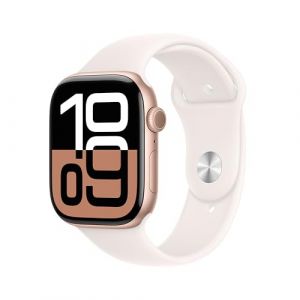 Apple Watch Series 10 (GPS 46 mm) Smartwatch mit Aluminiumgehäuse in Roségold und Sportarmband in Blassrosa (M/L). Fitnesstracker