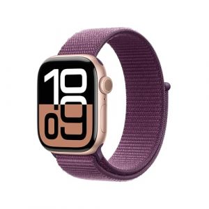 Apple Watch Series 10 (GPS 42 mm) Smartwatch mit Aluminiumgehäuse in Roségold und Sport Loop in Pflaume (One Size). Fitnesstracker