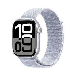 Apple Watch Series 10 (GPS 46 mm) Smartwatch mit Aluminiumgehäuse in Silber und Sport Loop in Blaue Wolke (One Size). Fitnesstracker