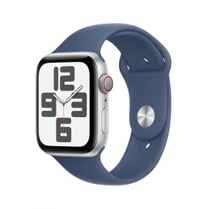 Apple Watch SE (2. Generation) GPS + Cellular 44 mm Smartwatch mit Aluminiumgehäuse in Silber und Sportarmband in Denim (M/L). Fitness und Schlaftracker