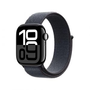 Apple Watch Series 10 (GPS 42 mm) Smartwatch mit Aluminiumgehäuse in Diamantschwarz und Sport Loop in Tinte (One Size). Fitnesstracker