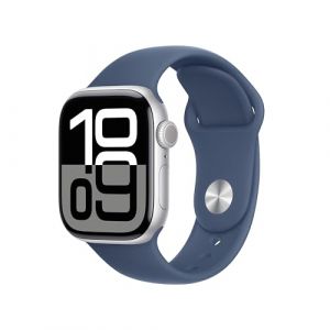 Apple Watch Series 10 (GPS 42 mm) Smartwatch mit Aluminiumgehäuse in Silber und Sportarmband in Denim (M/L). Fitnesstracker