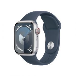 Apple Watch Series 9 (41 mm GPS + Cellular) Smartwatch avec boîtier Aluminium Argent et Bracelet Sport Bleu Orage (S/M). Suivi de l?activité Physique