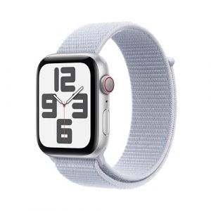 Apple Watch SE (2. Generation) GPS + Cellular 44 mm Smartwatch mit Aluminiumgehäuse in Silber und Sport Loop in Blaue Wolke (One Size). Fitness und Schlaftracker