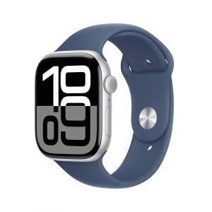 Apple Watch Series 10 (GPS + Cellular 46 mm) Smartwatch mit Aluminiumgehäuse in Silber und Sportarmband in Denim (S/M). Fitnesstracker