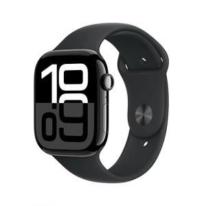 Apple Watch Series 10 (GPS 46 mm) Smartwatch mit Aluminiumgehäuse in Diamantschwarz und Sportarmband in Schwarz (S/M). Fitnesstracker