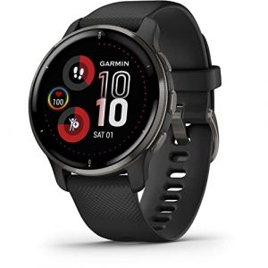 Garmin Venu 2 Plus - Montre connectée GPS multisports avec appels via Bluetooth et suivi santé- Gray avec bracelet silicone noir - Boîtier 43 mm