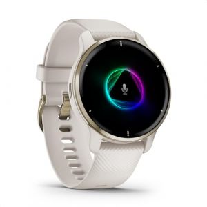 Garmin Venu 2 Plus - Montre connectée GPS multisports avec appels via Bluetooth et suivi santé - Cream Gold avec bracelet silicone ivoire - Boîtier 43 mm