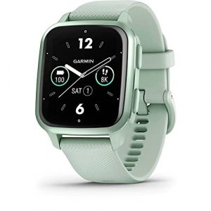 Garmin Venu Sq 2 - Montre connectée GPS Multisports avec écran AMOLED et Suivi santé - Metallic Mint avec Bracelet Vert d?Eau - Boîtier 40 mm