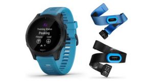 Montre gps garmin forerunner 945 pack triathlon noir avec bracelet en silicone bleu
