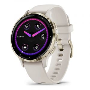 Montre connectée Garmin Venu 3S, 41 mm, lunette en acier inoxydable gris doré avec bracelet en silicone beige