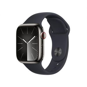 Apple Watch Series 9 (41 mm GPS + Cellular) Smartwatch avec boîtier en Acier Inoxydable Graphite et Bracelet Sport Minuit (M/L). Suivi de l?activité Physique