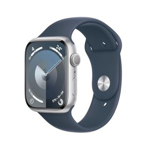 Apple Watch Series 9 (45 mm GPS) Smartwatch avec boîtier Aluminium Argent et Bracelet Sport Bleu Orage (S/M). Suivi de l?activité Physique