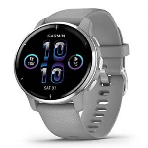 Garmin Venu 2 Plus - Montre connectée GPS multisports avec appels via Bluetooth & suivi santé - Silver avec bracelet silicone gris - Boîtier 43 mm