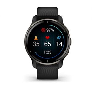 Garmin Venu 2 Plus - Montre connectée GPS multisports avec appels via Bluetooth et suivi santé- Gray avec bracelet silicone noir - Boîtier 43 mm