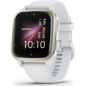 Garmin Venu Sq 2 - Montre connectée GPS Multisports avec écran AMOLED et Suivi santé - Cream Gold avec Bracelet Blanc - Boîtier 40 mm